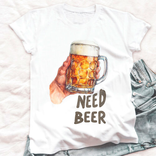 Тениска с халба бира в ръка и надпис Need Beer, бял органичен памук