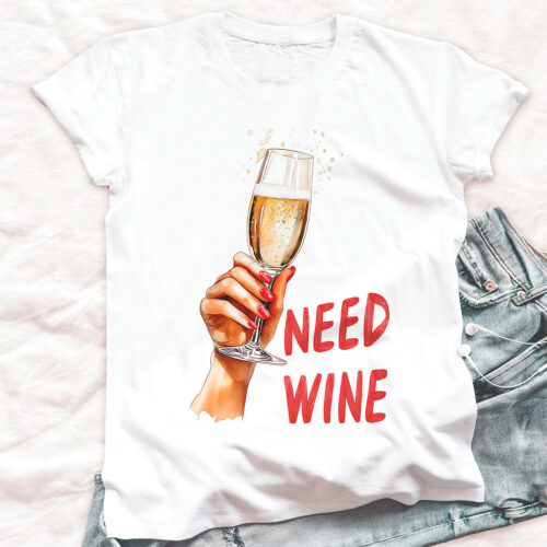Тениска с чаша шампанско и надпис Need Wine, бял органичен памук