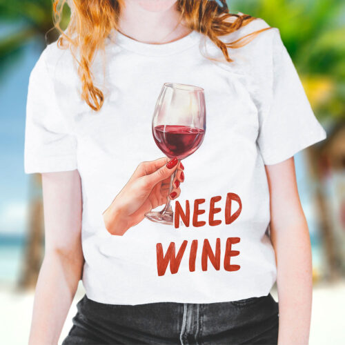 Тениска с чаша червено вино и надпис Need Wine