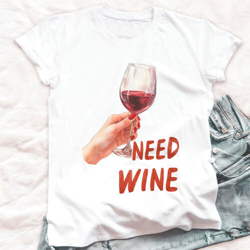 Тениска с чаша червено вино и надпис Need Wine, бял органичен памук