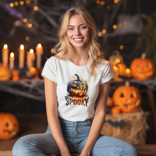 WB0169 Тениска за Хелоуин с тиква и надпис Spooky