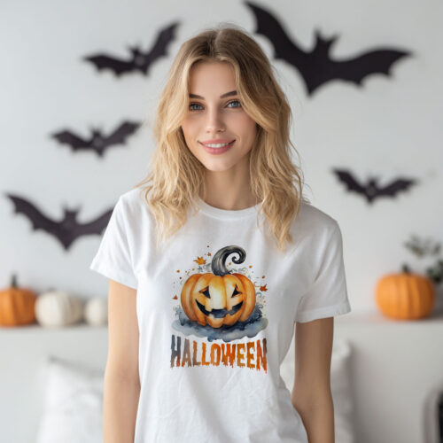WB0171 Тениска за Хелоуин с тиква и надпис Halloween