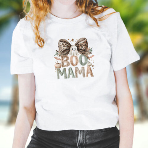 Тениска за Хелоуин с надпис Boo Mama и леопардова панделка, бял органичен памук