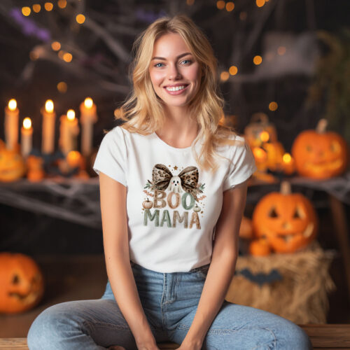 Тениска за Хелоуин с надпис Boo Mama и леопардова панделка