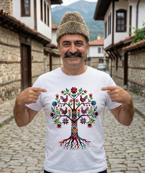 Тениска с шевица дървото на живота, бял органичен памук