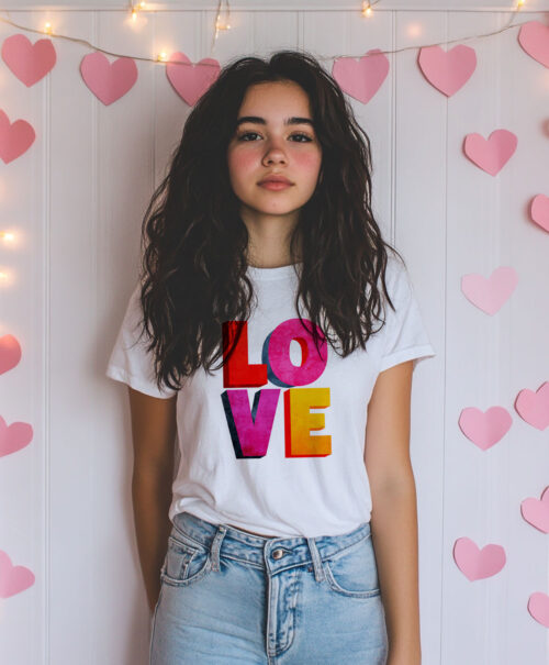 Тениска с надпис Love в цветни букви, бял органичен памук