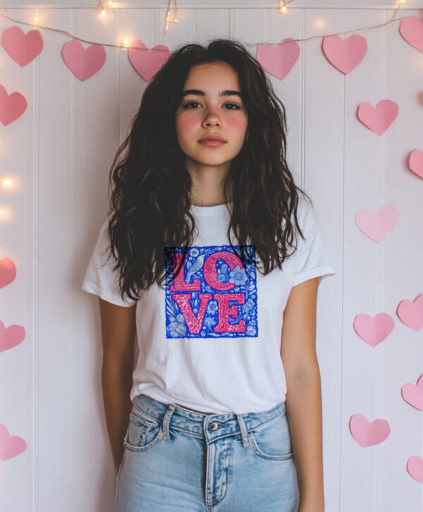 Тениска с надпис Love в синя рамка, бял органичен памук