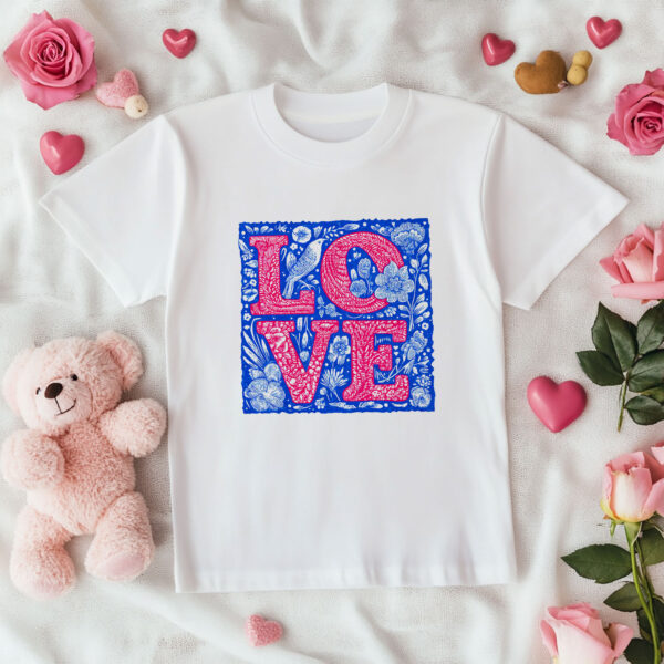 Тениска с надпис Love в синя рамка, детайл от щампата