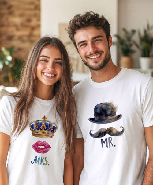 Тениски за двойки с корона и бомбе, Mrs и Mr, бял органичен памук