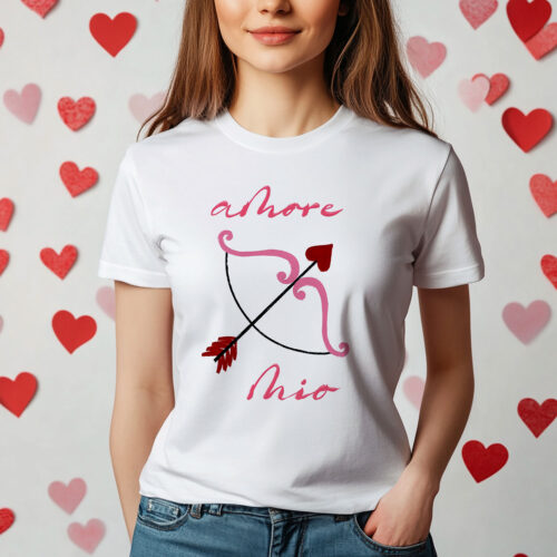 Тениска с лък и стрела и надпис Amore Mio, бял органичен памук