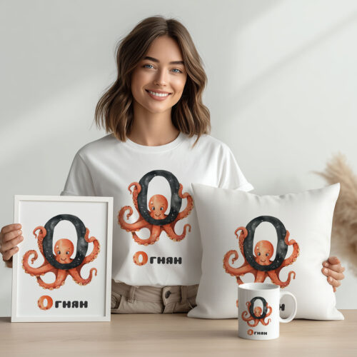 Детска тениска с буква О и октопод, с име (Огнян, Огняна, Орлин), бял органичен памук