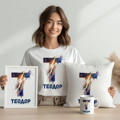 Тениска с буква Т в акварел и име, бял органичен памук