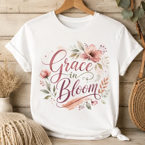 Дамска тениска с елегантен надпис Grace in bloom и цветя, дамски модел