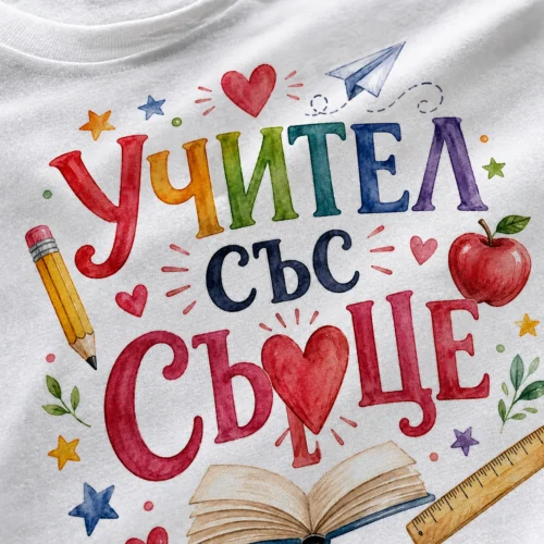 Тениска за учител със сърце, молив и книги, изглед 2