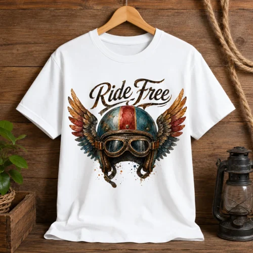 ts037-teniska-s-motor-retro-kaska-s-krile-ride-free-3 Тениска с дизайн на мотор и ретро каска с криле
