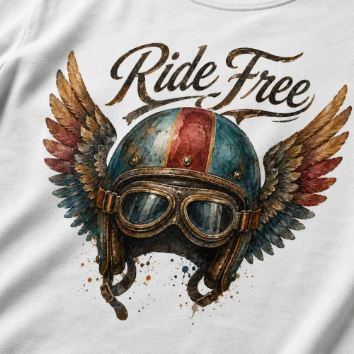 Тениска с мотор, ретро каска с криле и надпис Ride Free, изглед 2