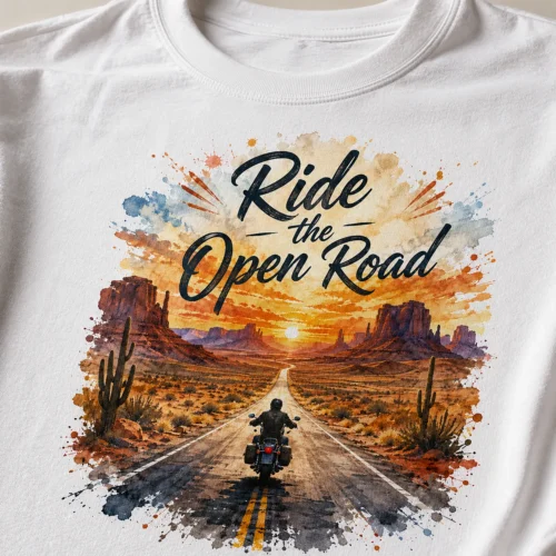 Тениска с мотор на пустинен път и надпис Ride the open road, изглед 2