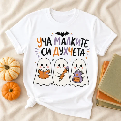 ts131-teniska-za-uchitel-halloween-ucha-malkite-si-duhcheta-3 Тениска за учител за Хелоуин с надпис Уча малките си духчета