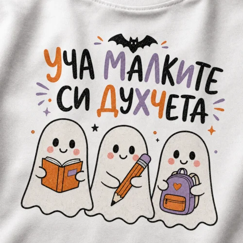 Тениска за учител за Хелоуин с надпис Уча малките си духчета, изглед 2