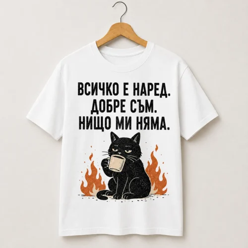 Тениска с котка и надпис Всичко е наред добре съм, изглед 2