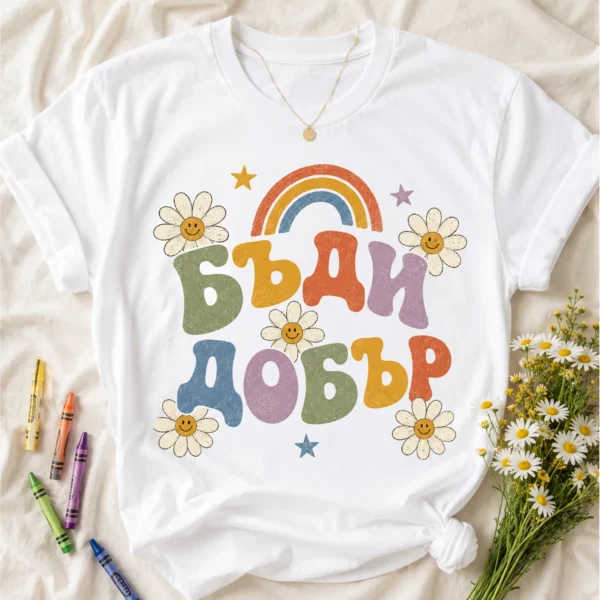 Бяла тениска за учител с надпис Бъди добър, маргаритки и дъга