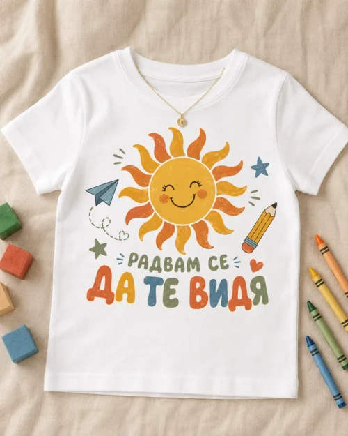 ts180-teniska-za-uchitel-radvam-se-da-te-vidya-slantse-3 Тениска за учител с надпис Радвам се да те видя слънце