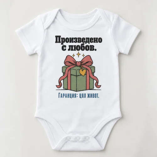 Бебешко боди с подаръчна кутия и надпис Произведено с любов. Гаранция: цял живот. – бяло боди