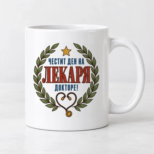 Бяла чаша с лавров венец, звезда, стетоскоп сърце и поздрав за лекар Бяла чаша с лавров венец, звезда, стетоскоп сърце и поздрав за лекар