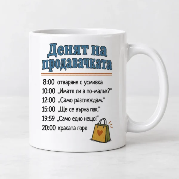 Бяла чаша с деня на продавачката по часове и пазарска торбичка