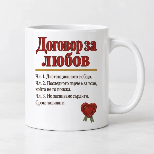 Бяла чаша с договор за любов и восъчен печат във формата на сърце Бяла чаша с договор за любов и восъчен печат във формата на сърце
