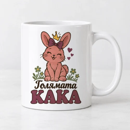 Бяла чаша с розово зайче с корона, сърца, цветя и надпис Голямата кака Бяла чаша с розово зайче с корона, сърца, цветя и надпис Голямата кака