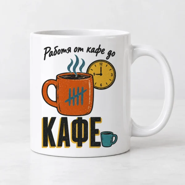 Бяла чаша с голяма чаша кафе, часовник и надпис Работя от кафе до кафе Бяла чаша с голяма чаша кафе, часовник и надпис Работя от кафе до кафе