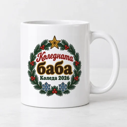 Бяла чаша с венец от елха и надпис Коледната баба Коледа 2026
