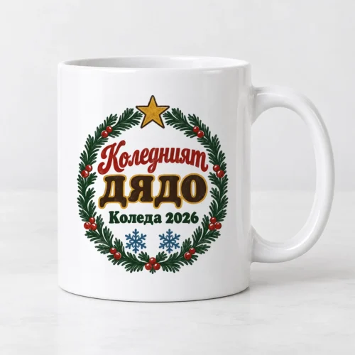 Бяла чаша с венец от елха, червени плодчета и надпис Коледният дядо