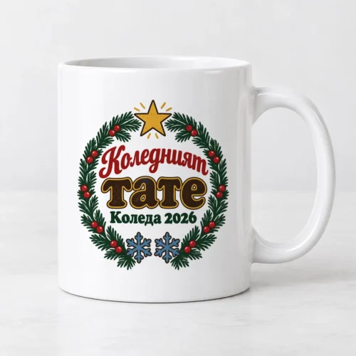 Бяла чаша с венец от елха и надпис Коледният тате Коледа 2026