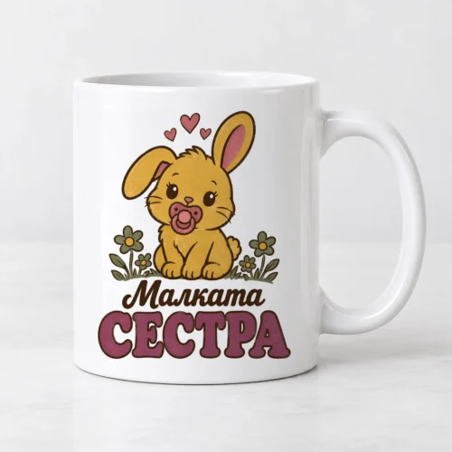 Бяла чаша с жълто зайче с биберон, сърца, цветя и надпис Малката сестра Бяла чаша с жълто зайче с биберон, сърца, цветя и надпис Малката сестра