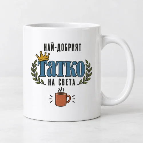Бяла чаша с корона и надпис Най-добрият татко на света
