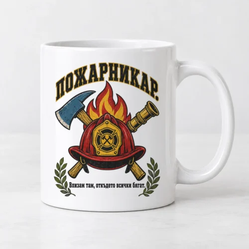 Бяла чаша с пожарникарска каска, брадва, пламъци и надпис Пожарникар