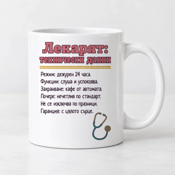 Бяла чаша с технически данни на лекаря и малка слушалка