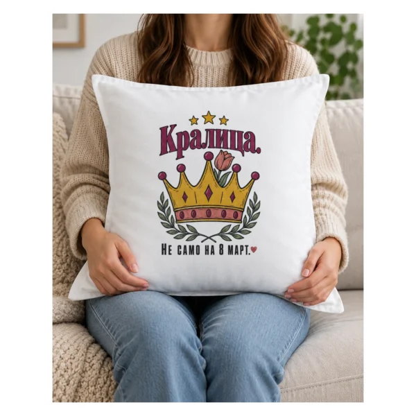 Дамска тениска със златиста корона, лале и надпис Кралица. Не само на 8 март. – и като възглавница Дамска тениска със златиста корона, лале и надпис Кралица. Не само на 8 март. – и като възглавница