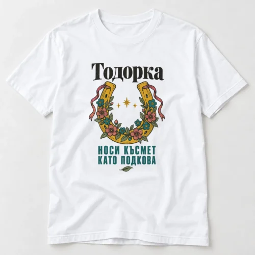 Дамска тениска с подкова в пролетни цветя и надпис Тодорка носи късмет като подкова – бяла тениска Дамска тениска с подкова в пролетни цветя и надпис Тодорка носи късмет като подкова – бяла тениска