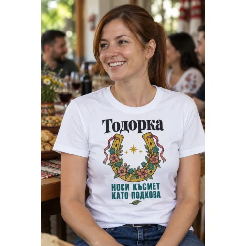 Дамска тениска с подкова в пролетни цветя и надпис Тодорка носи късмет като подкова – снимка с модел