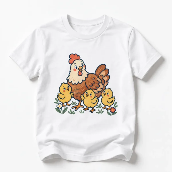 Детска тениска с кокошка с три пиленца – бяла, дизайн за малки деца