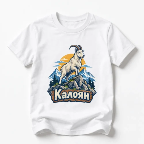 Детска тениска с дива коза на скалист връх и име Калоян – бяла, дизайн за по-големи деца