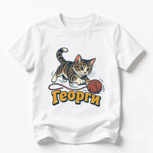 Детска тениска с игриво коте с кълбо прежда и име Георги – бяла, дизайн за по-големи деца