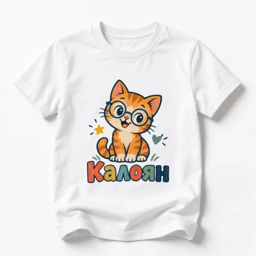 Детска тениска с котка с кръгли очила и име Калоян – бяла, дизайн за малки деца
