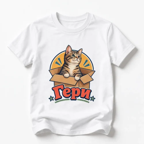 Детска тениска с котенце в картонена кутия и име Гери – бяла, дизайн за по-големи деца