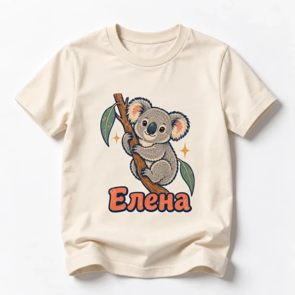 Детска тениска с коала и име Елена – натурална, дизайн за по-големи деца