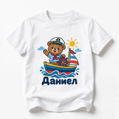 Детска тениска с мече капитан на лодка – бяла, дизайн за малки деца Детска тениска с мече капитан на лодка – бяла, дизайн за малки деца