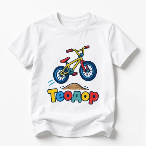 Детска тениска с BMX колело в скок и име Теодор – бяла, дизайн за малки деца Детска тениска с BMX колело в скок и име Теодор – бяла, дизайн за малки деца